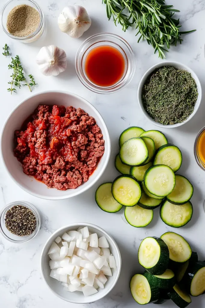 Ingredients arranged on a white counter including ground beef, zucchini, onion, garlic, tomato sauce, and spices