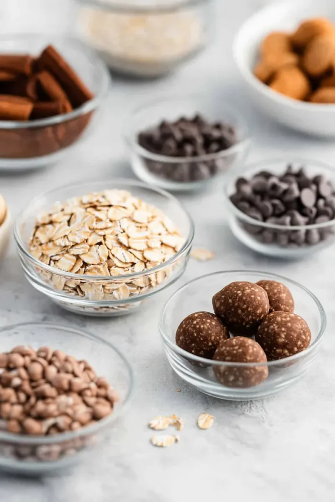 Ingredients for no-bake protein balls for kids arranged neatly in a modern American kitchen.