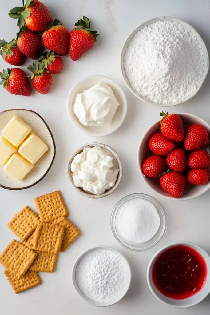 Ingredients for no-bake strawberry delight arranged neatly on a white kitchen counter including graham crackers, cream cheese, whipped topping, butter, sugar, and strawberries