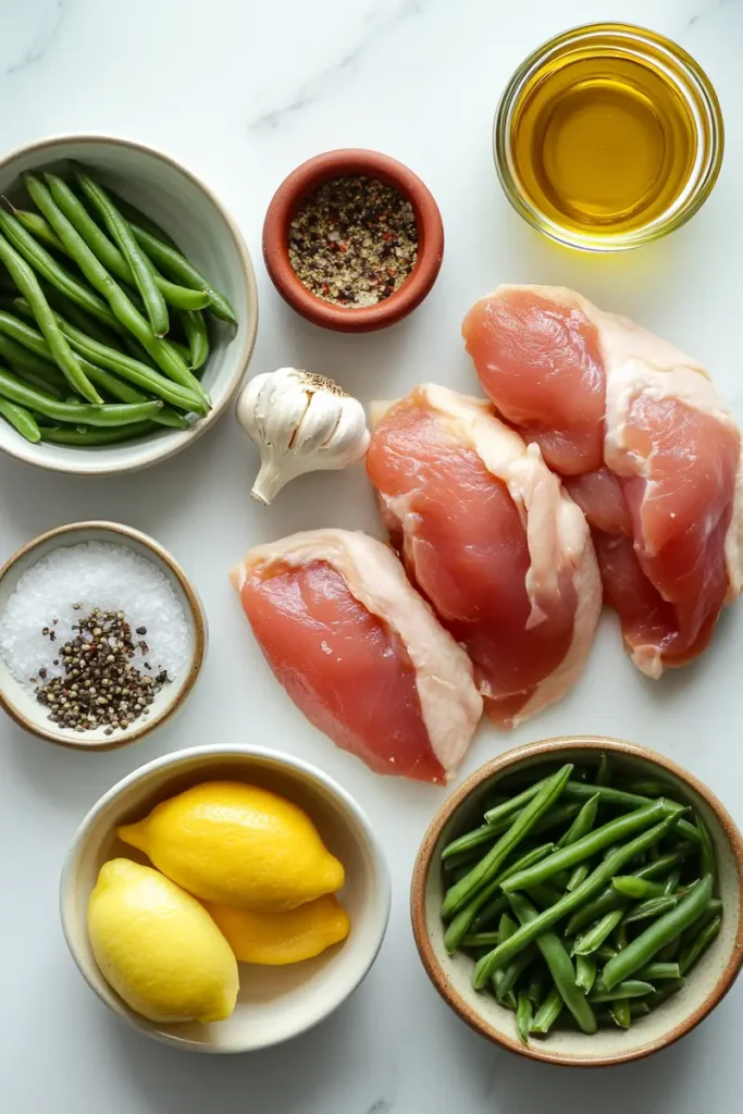 Raw chicken breasts, fresh green beans, garlic, lemon, olive oil, and spices arranged neatly on a white kitchen counter at night