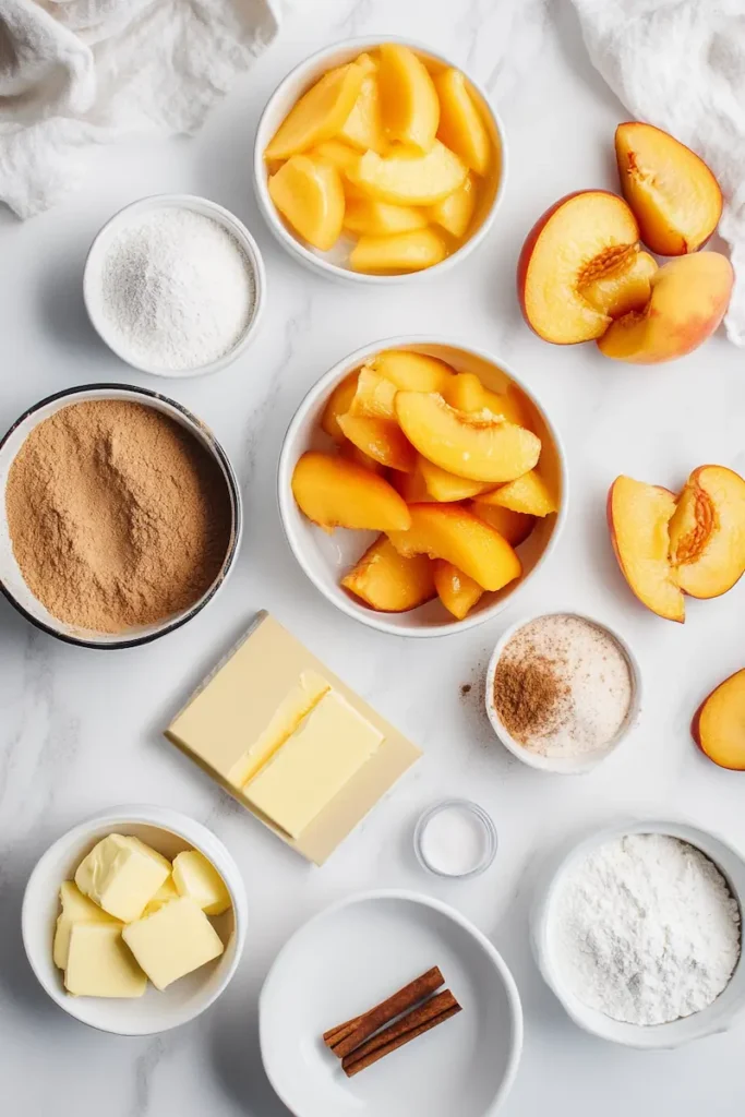 Canned peaches, yellow cake mix, butter, and cinnamon arranged neatly on a white counter