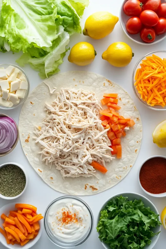 Rotisserie chicken wrap ingredients arranged neatly on a white kitchen counter