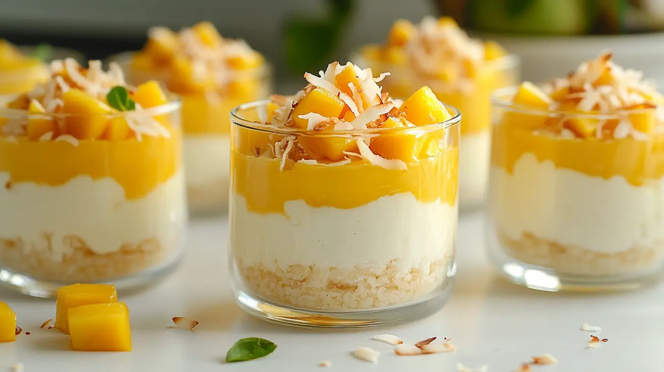 layered mango coconut pudding cups in clear glasses topped with fresh mango