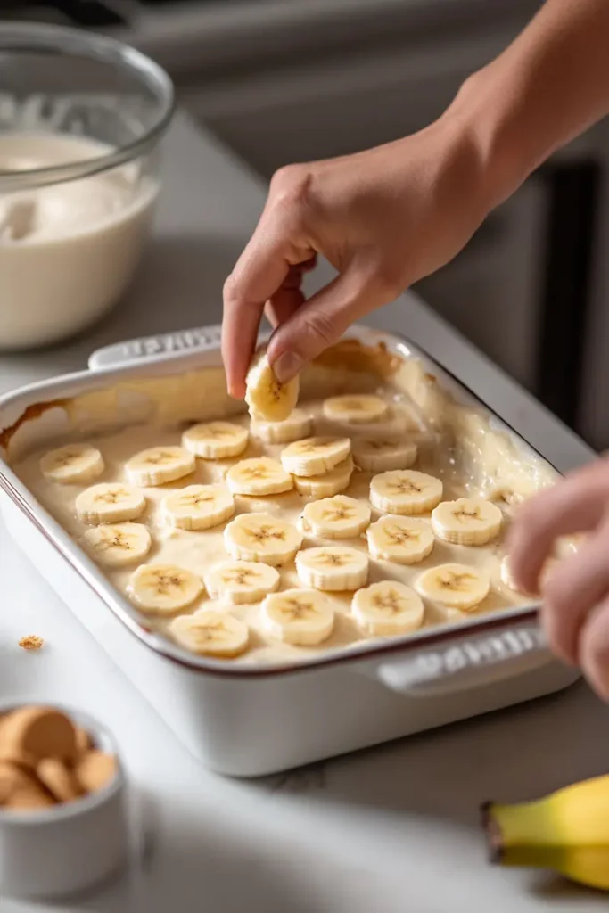Hands layering bananas and vanilla wafers into a baking dish for banana pudding
