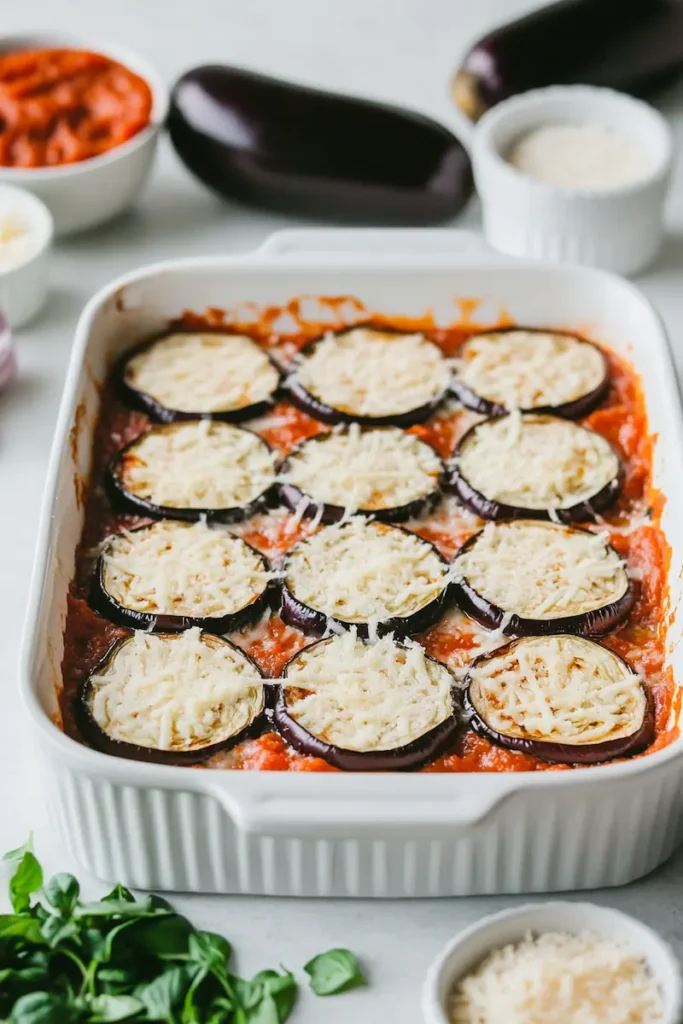 layering easy eggplant parmesan casserole before baking