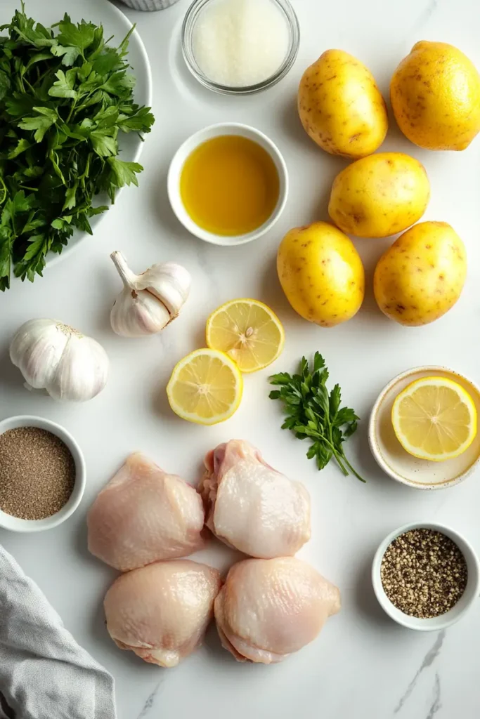 Ingredients for lemon chicken and potatoes arranged neatly on a white kitchen counter