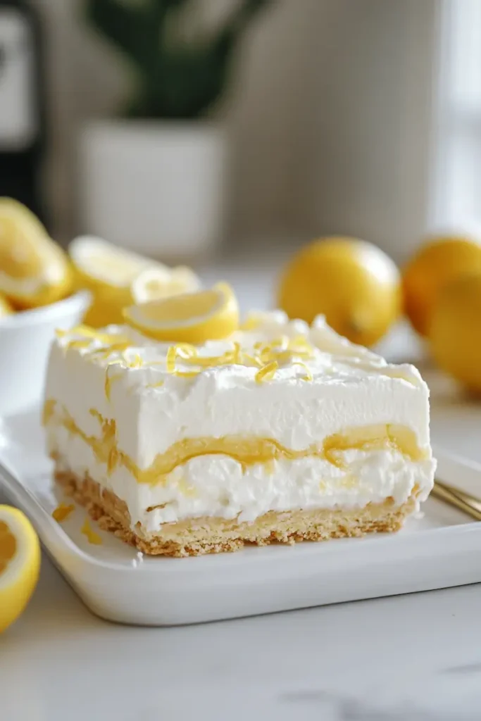 A creamy lemon icebox dessert with soft layers and a fresh citrus finish, served on a white kitchen counter in warm evening light.