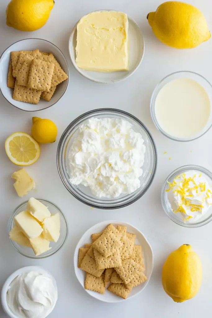 Ingredients for lemon icebox dessert arranged neatly on a white kitchen counter