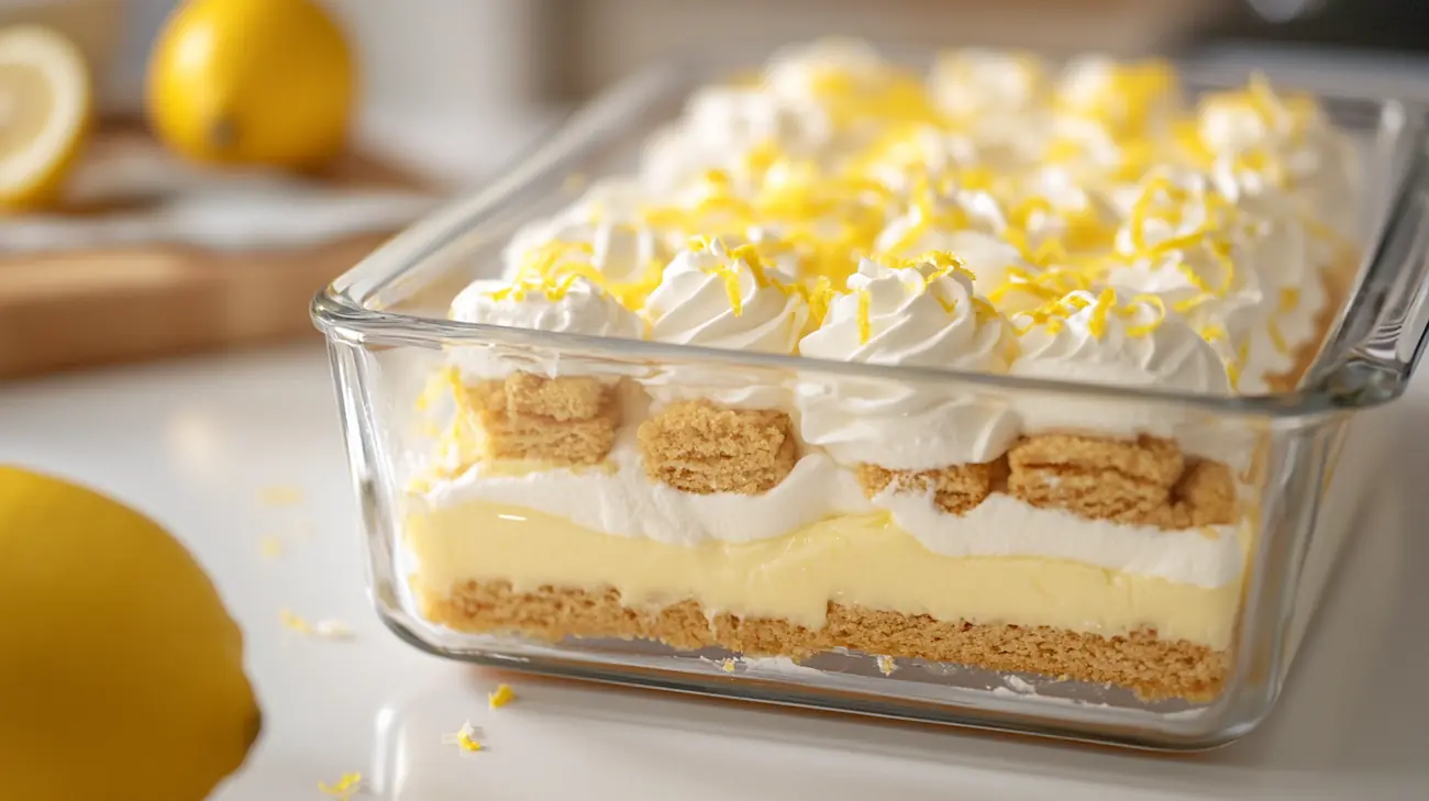 Creamy lemon icebox dessert topped with whipped cream and lemon zest in a square baking dish