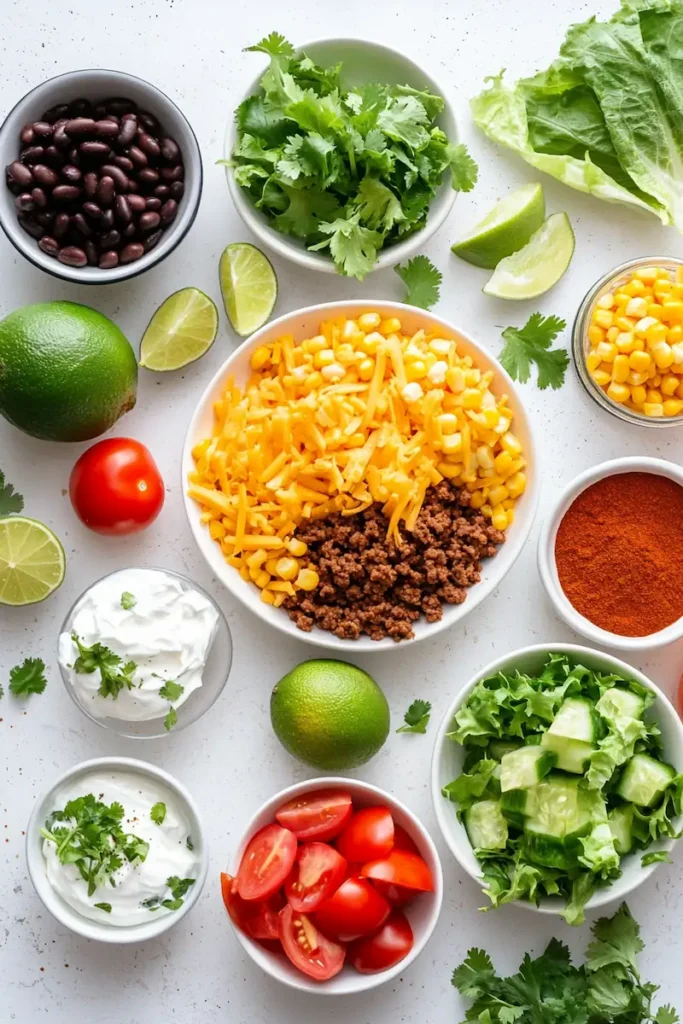 Loaded Potato Taco Bowl Meal Prep 3 Ingredients for loaded potato taco bowls arranged on a white kitchen counter, including potatoes, ground meat, beans, corn, cheese, salsa, and fresh toppings.
