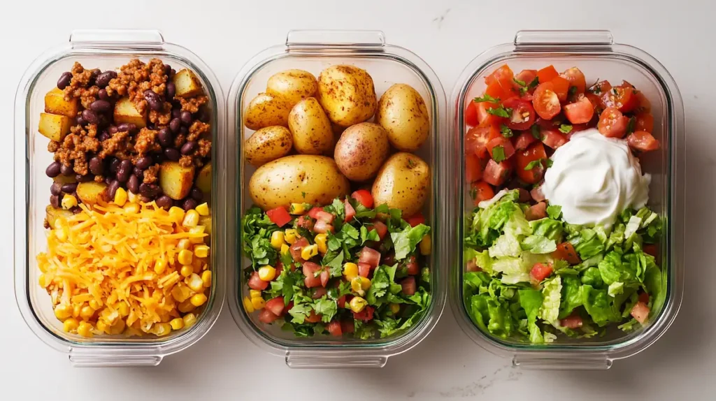 Loaded Potato Taco Bowl Meal Prep 1 Loaded potato taco bowl meal prep with roasted potatoes, taco meat, cheese, beans, lettuce, tomatoes, and Greek yogurt on a white kitchen counter.