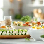 low carb high protein snacks including Greek yogurt, turkey roll-ups, eggs, cottage cheese, tuna lettuce boats, cheese, almonds, edamame, chicken salad cups, and egg muffins in a modern American kitchen.