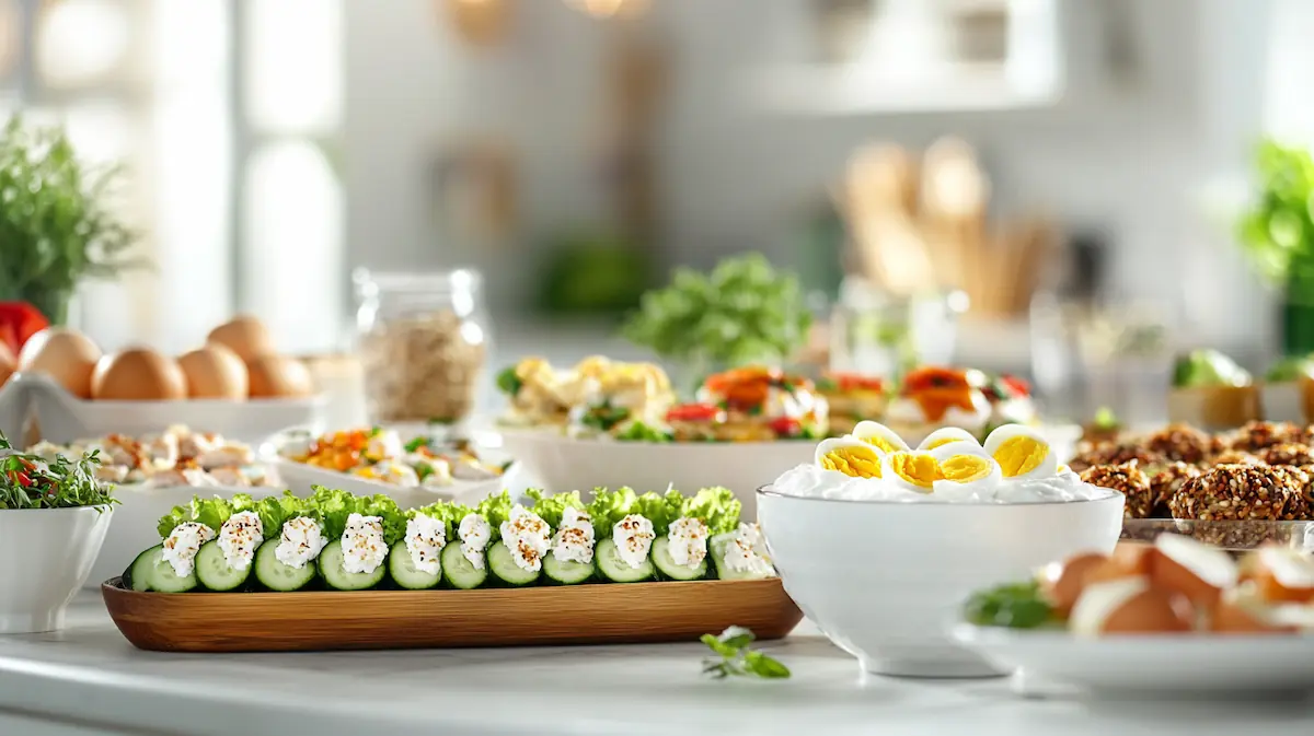 low carb high protein snacks including Greek yogurt, turkey roll-ups, eggs, cottage cheese, tuna lettuce boats, cheese, almonds, edamame, chicken salad cups, and egg muffins in a modern American kitchen.