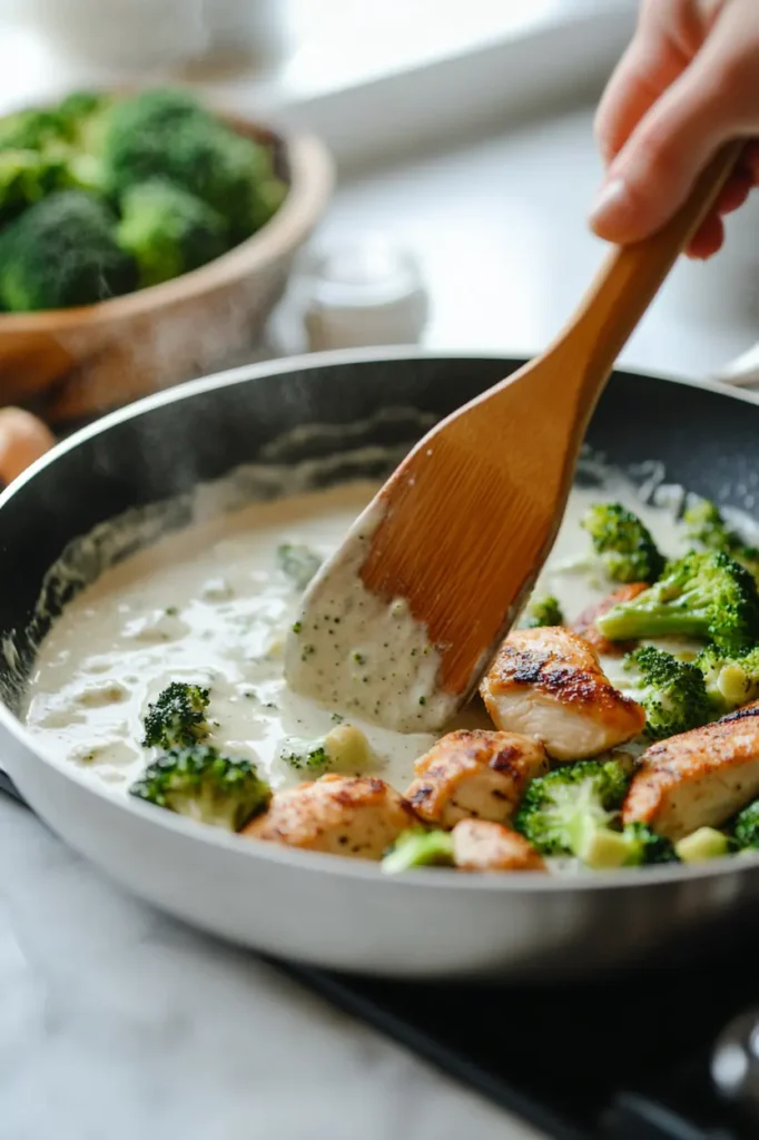 Garlic cream sauce being stirred in a skillet while cooking creamy chicken broccoli dinner