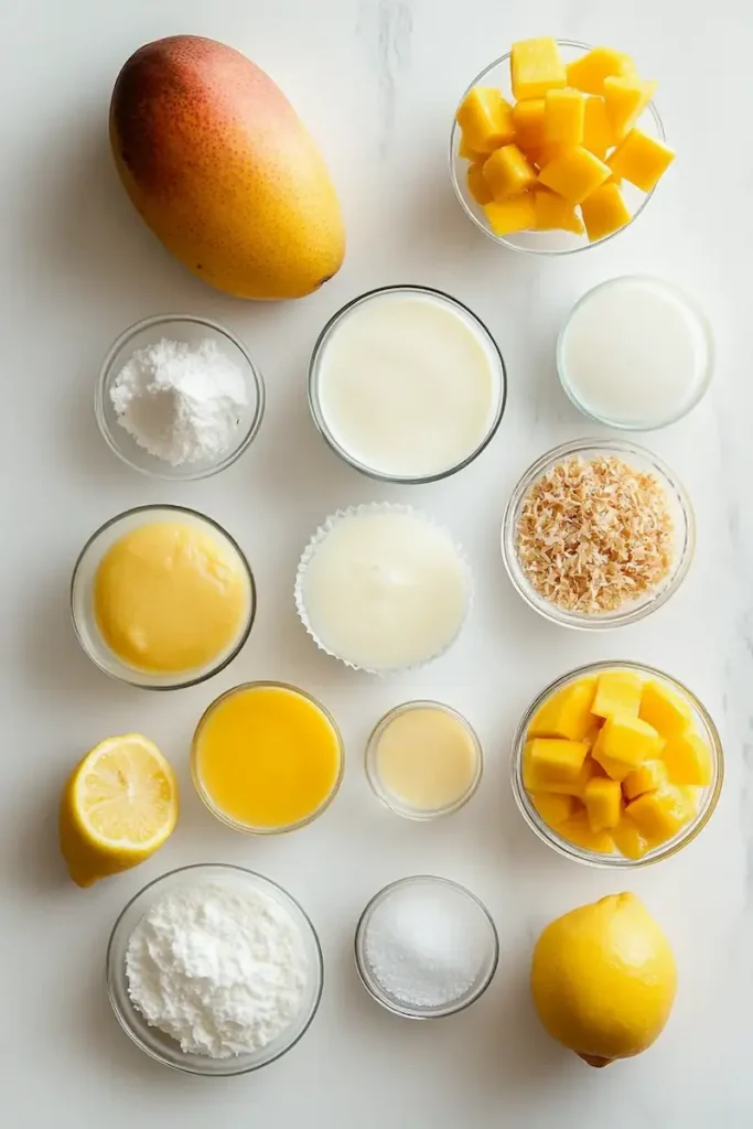 ingredients for mango coconut pudding cups arranged neatly on a white counter