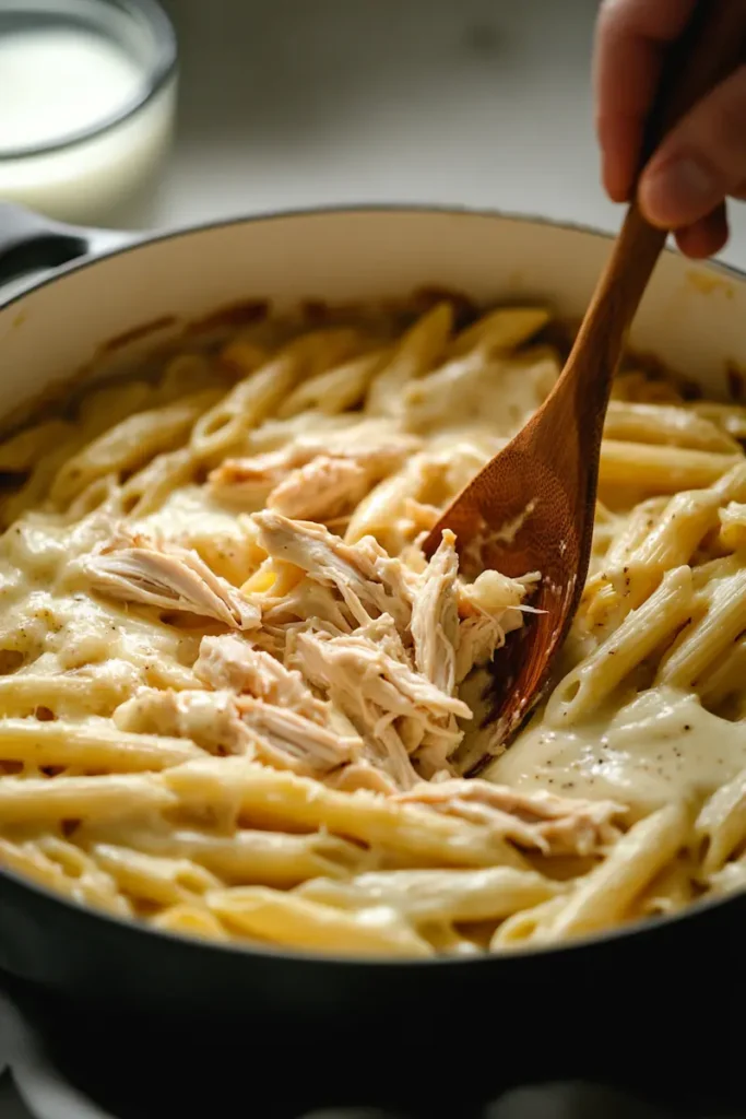 Preparing chicken Alfredo bake by mixing pasta chicken and Alfredo sauce in a bowl
