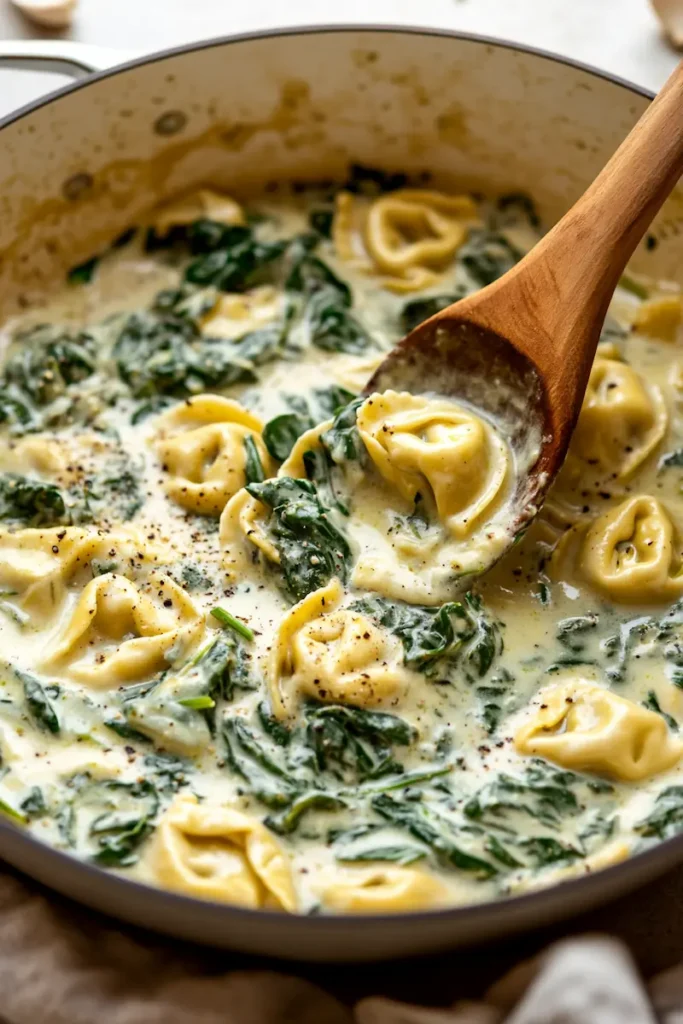 Tortellini being mixed with creamy spinach sauce in a skillet before baking