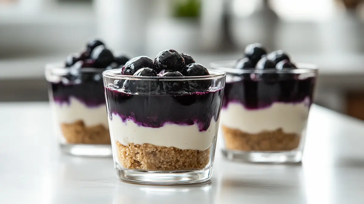 No-Bake Blueberry Cheesecake Cups with graham cracker crust, creamy cheesecake filling, and blueberry topping served in clear dessert cups in a bright modern American kitchen.
