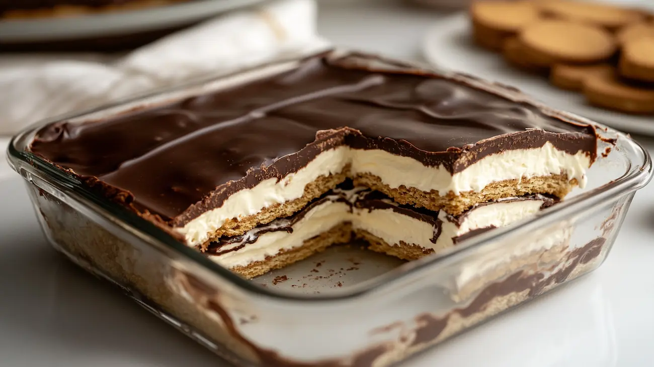 A sliced no-bake chocolate eclair dessert in a glass dish with creamy vanilla layers and glossy chocolate topping