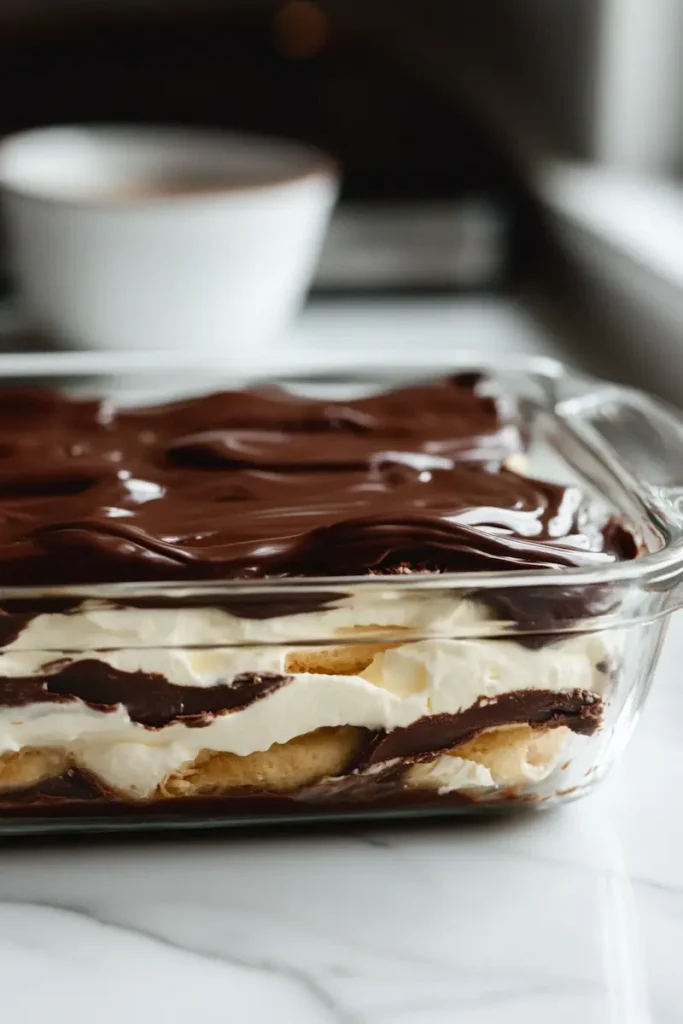 A rich no-bake chocolate eclair dessert with creamy layers and glossy chocolate topping in a glass baking dish on a white counter at night.