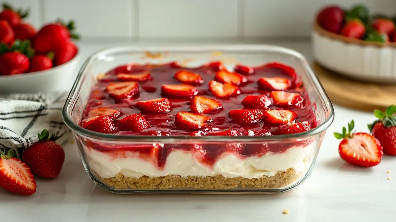 No-bake strawberry delight in a glass baking dish with creamy layers, strawberry topping, and a graham cracker crust on a white kitchen counter