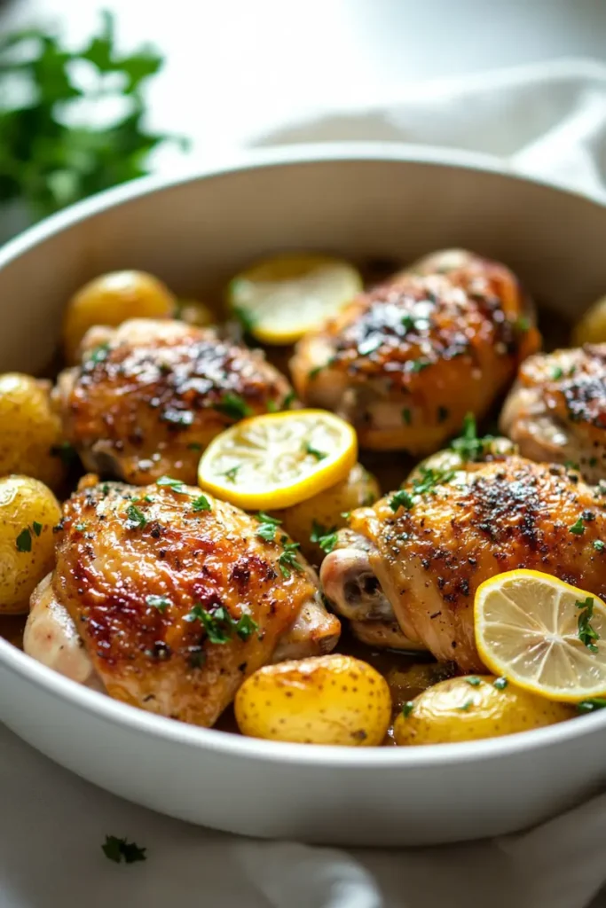 One-pan chicken dinner with roasted potatoes, lemon, and garlic butter on a white kitchen counter