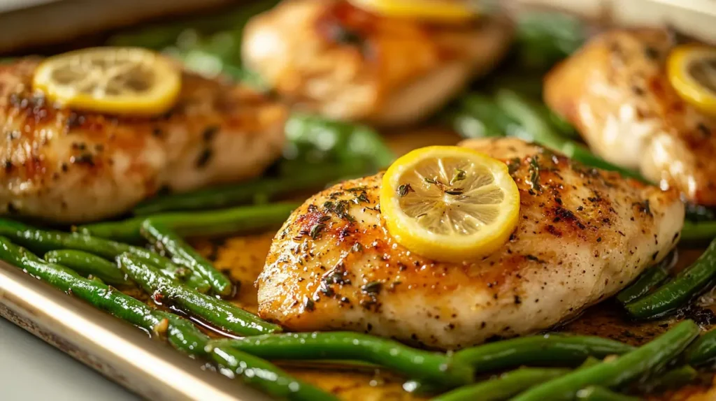 Roasted one pan chicken and green beans served on a sheet pan with lemon slices in a cozy evening kitchen