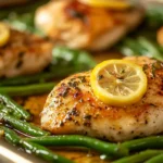 Roasted one pan chicken and green beans served on a sheet pan with lemon slices in a cozy evening kitchen