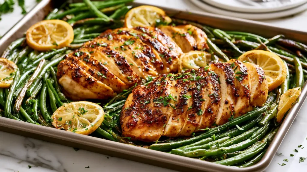 One Pan Chicken and Green Beans 1 Roasted one pan chicken and green beans served on a sheet pan with lemon slices in a cozy evening kitchen