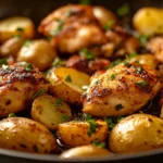 One-pan garlic butter chicken and potatoes in a skillet with parsley garnish
