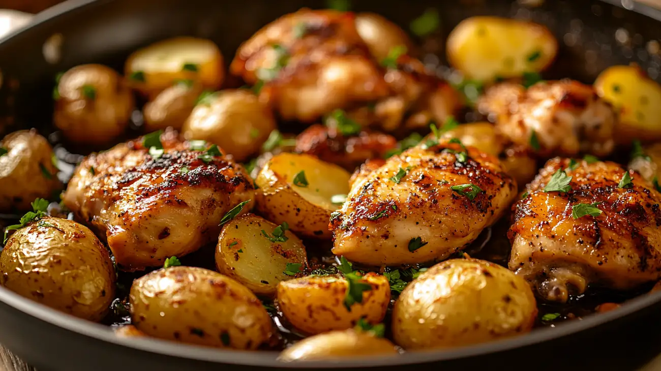 One-pan garlic butter chicken and potatoes in a skillet with parsley garnish