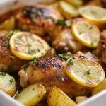 One-pan lemon chicken and potatoes served in a rustic baking dish with lemon slices and parsley