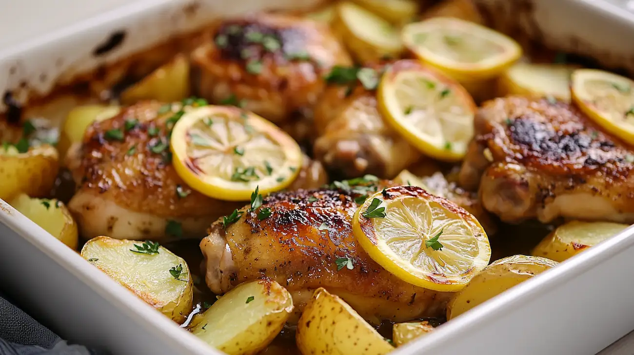 One-pan lemon chicken and potatoes served in a rustic baking dish with lemon slices and parsley