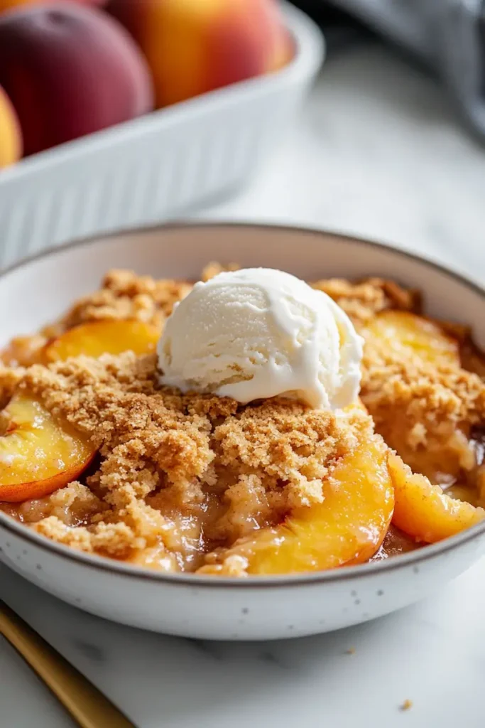 Close-up of peach cobbler with cake mix served warm with vanilla ice cream