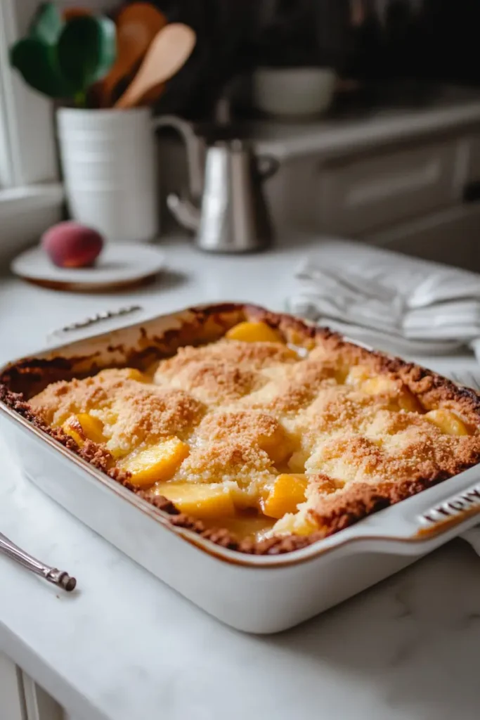 Close-up of peach cobbler with cake mix showing golden topping and warm peach filling