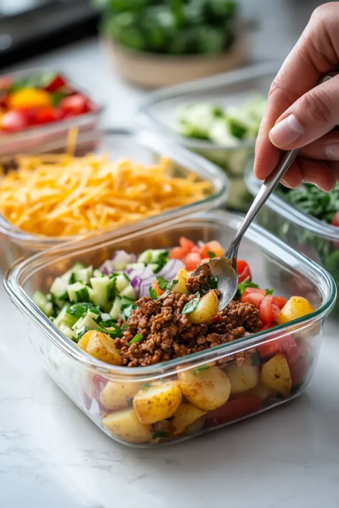 Loaded Potato Taco Bowl Meal Prep 4 Hands assembling loaded potato taco meal prep bowls with roasted potatoes and taco meat on a white kitchen counter.