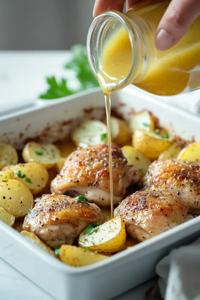 Chicken and potatoes being arranged in a baking dish with lemon marinade before roasting