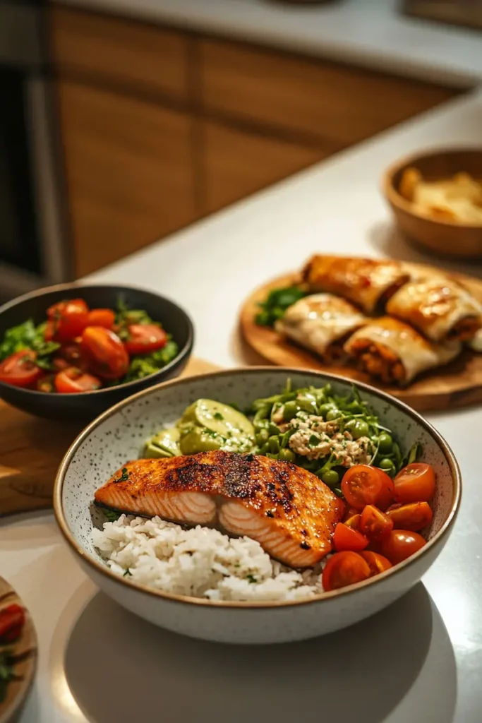 Quick dinner bowls and wraps with salmon, chicken, rice, and fresh toppings