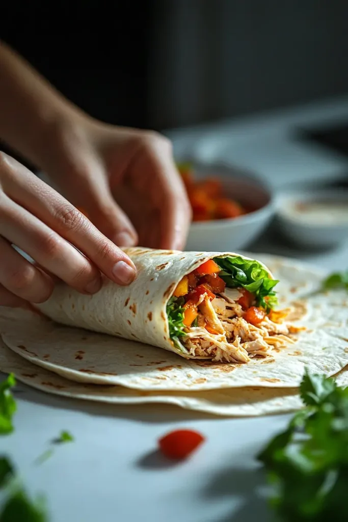 Hands rolling a rotisserie chicken wrap on a white counter in a softly lit kitchen