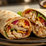 Golden rotisserie chicken wraps sliced in half on a plate in a cozy evening kitchen
