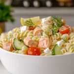 Creamy salmon pasta salad with Greek yogurt dressing, vegetables, herbs, and feta in a white bowl.