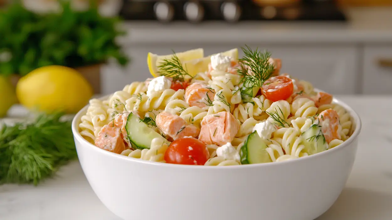 Creamy salmon pasta salad with Greek yogurt dressing, vegetables, herbs, and feta in a white bowl.