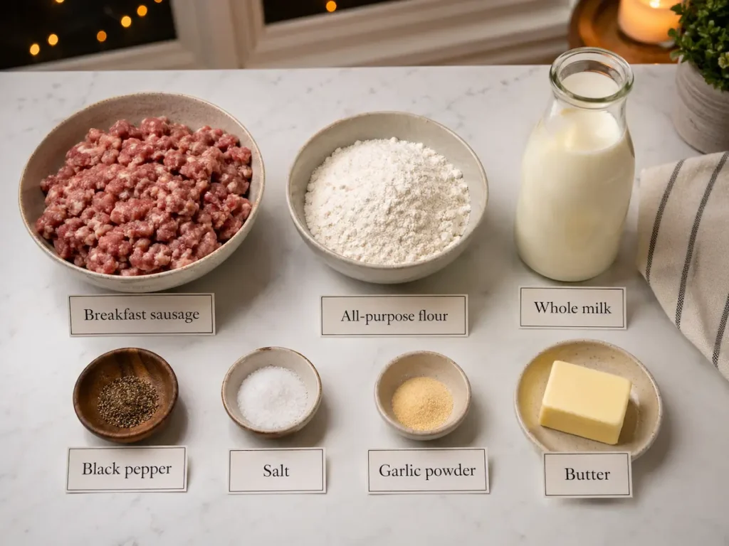 Sausage Gravy Recipe for Soft, Cozy Mornings 3 Ingredients for sausage gravy arranged on a white kitchen counter.