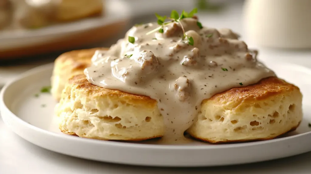 Sausage Gravy Recipe for Soft, Cozy Mornings 1 Homemade sausage gravy spooned over warm biscuits on a white plate in a cozy nighttime kitchen.