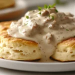 Homemade sausage gravy spooned over warm biscuits on a white plate in a cozy nighttime kitchen.