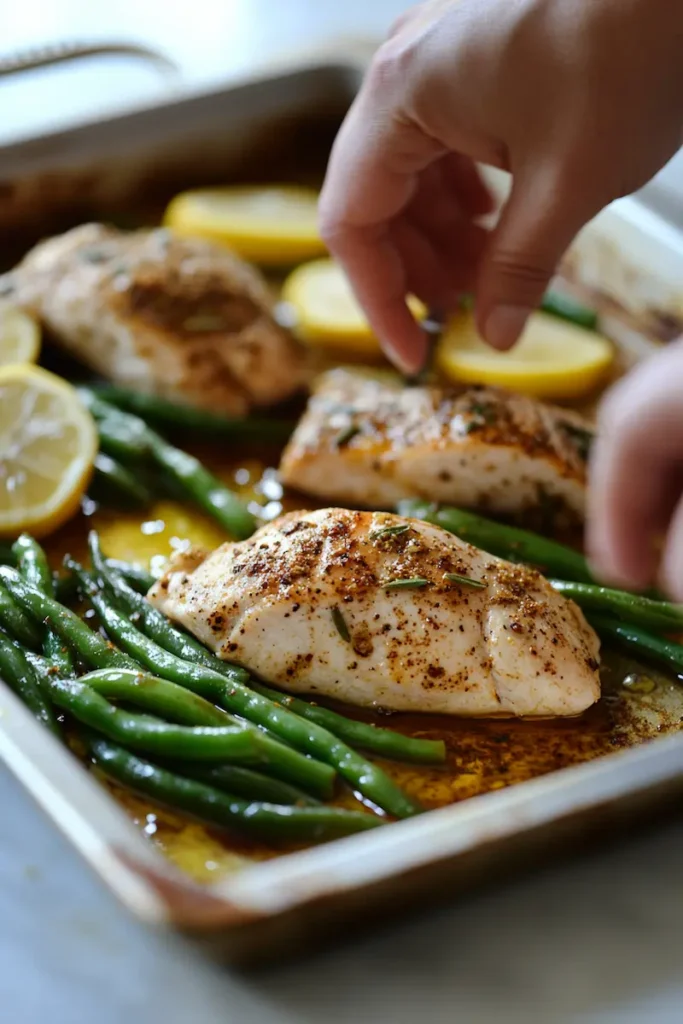 Hands seasoning chicken and green beans on a sheet pan in a softly lit nighttime kitchen