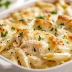 Creamy chicken Alfredo bake with jar sauce in a white baking dish on a cozy evening kitchen counter