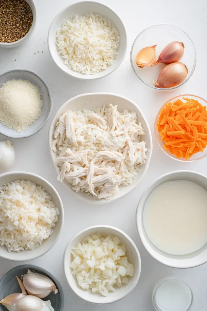 Ingredients arranged for chicken rice casserole including rice, chicken, broth, soup, milk, onion, garlic, and cheese
