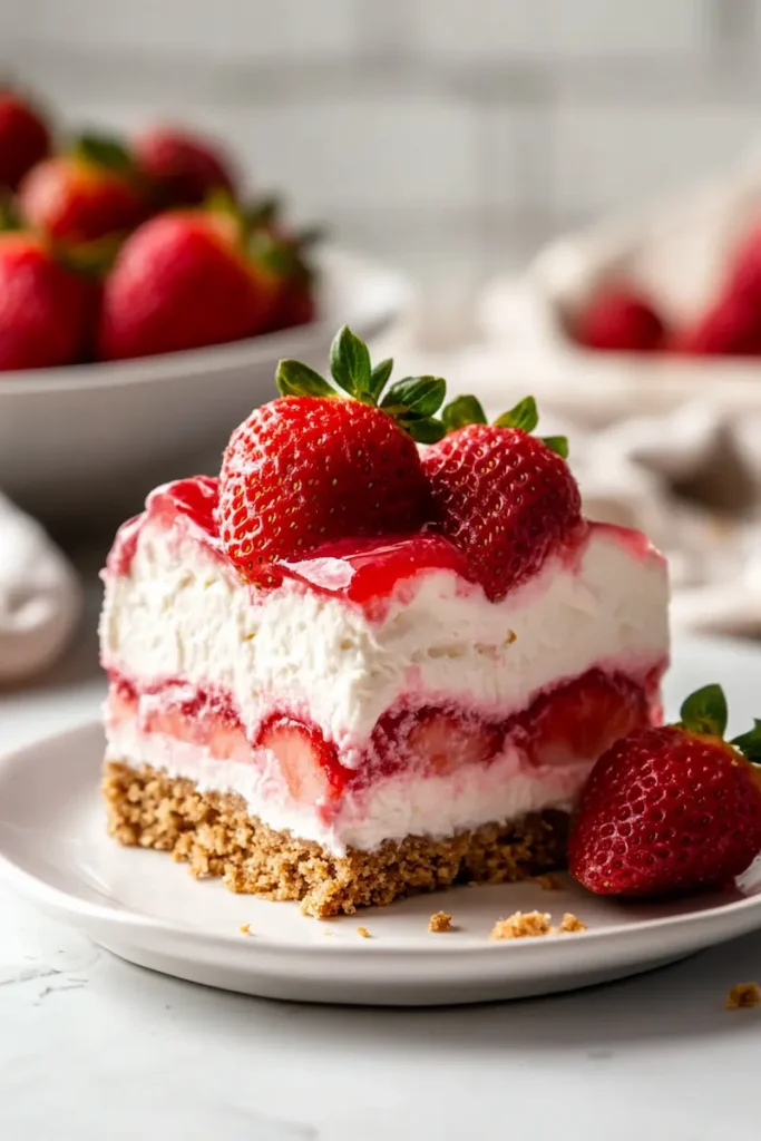 Slice of no-bake strawberry delight on a dessert plate with creamy layers and strawberry topping in a softly lit kitchen setting