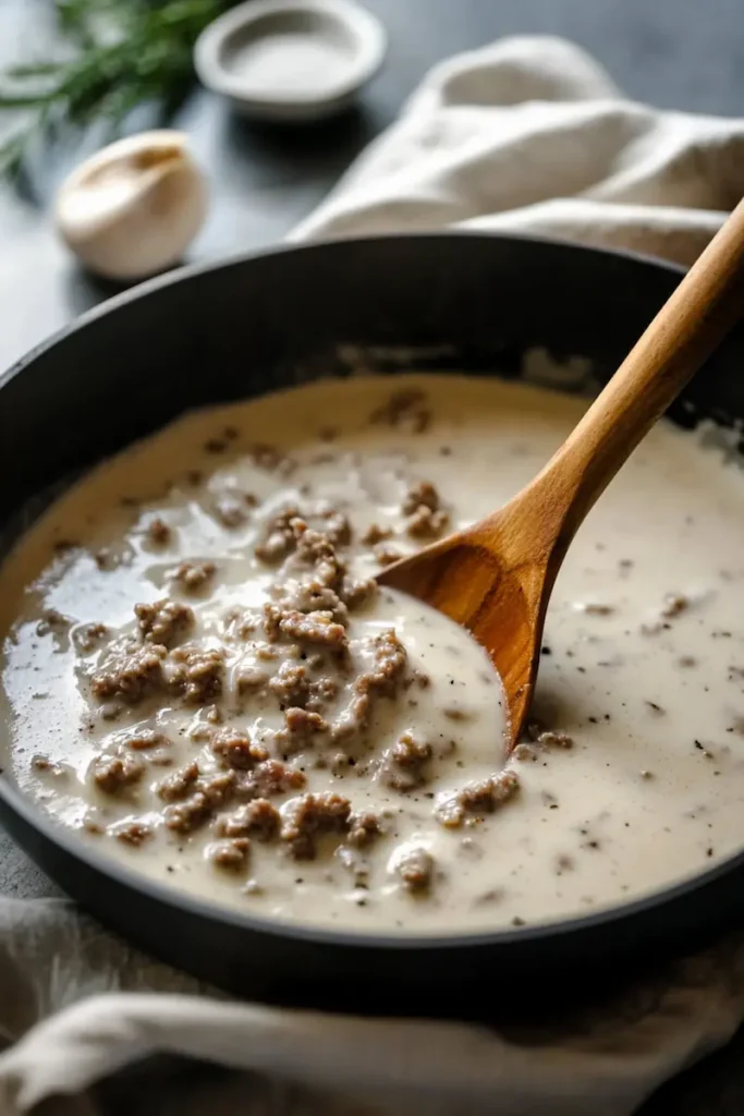 Sausage Gravy Recipe for Soft, Cozy Mornings 4 Sausage gravy being stirred in a skillet as milk thickens into a creamy sauce.